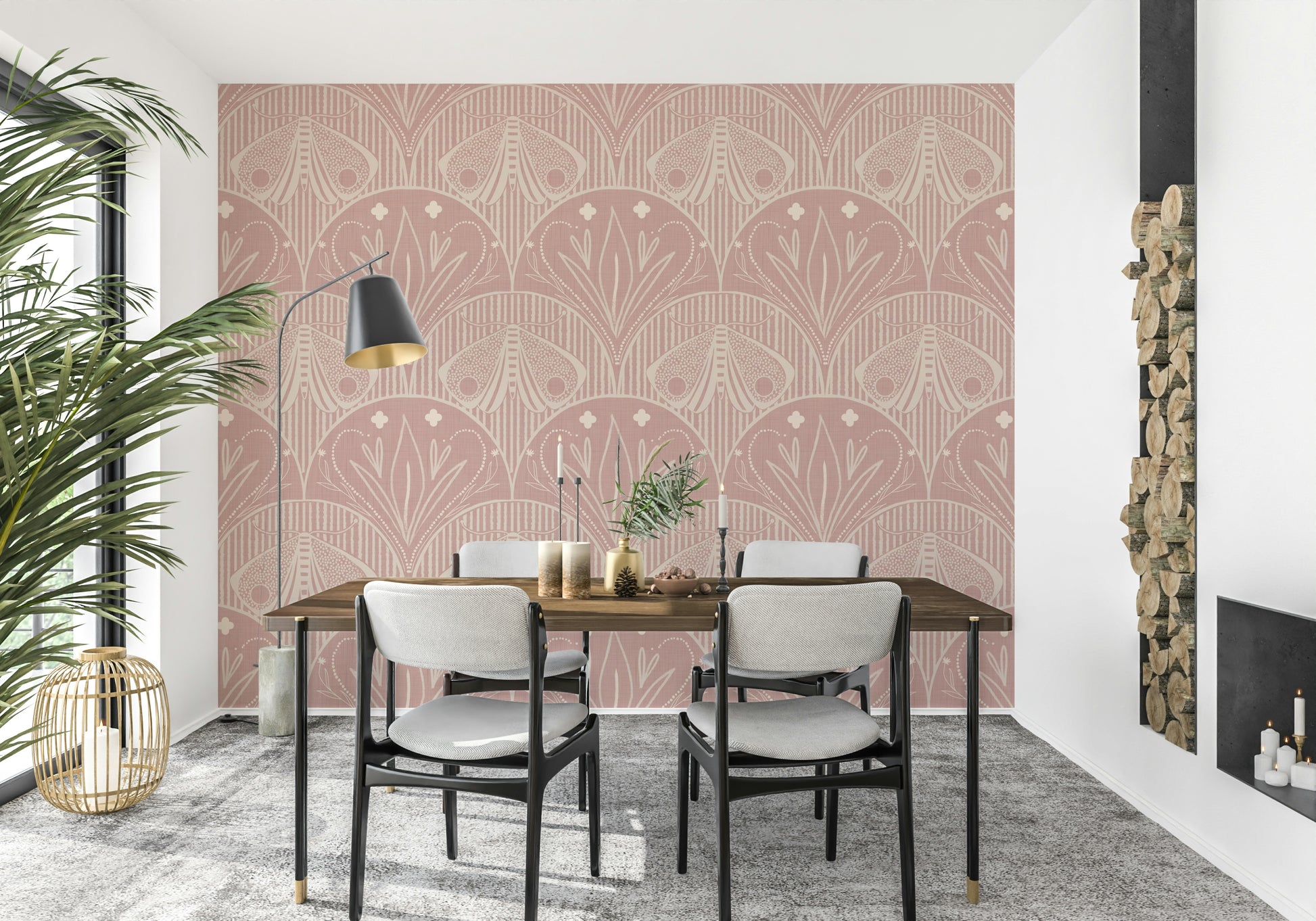 Boho Art Nouveau wallpaper, subtle cream dust pink botanical insect print.