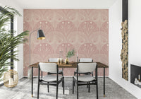 Boho Art Nouveau wallpaper, subtle cream dust pink botanical insect print.