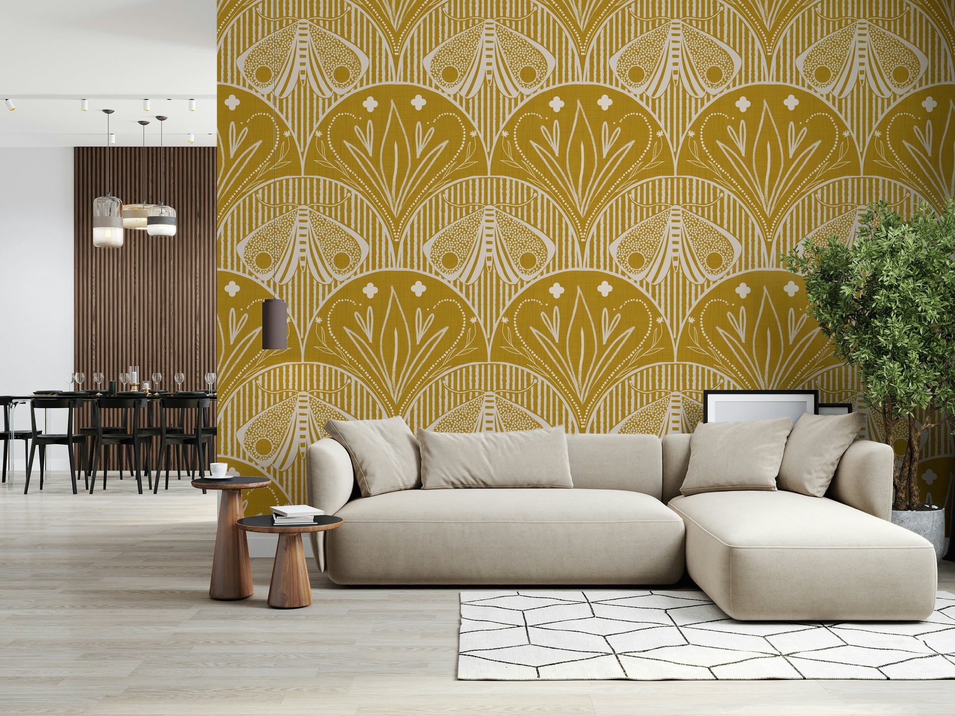 Mustard Gold wall covering Butterfly Art Nouveau pattern