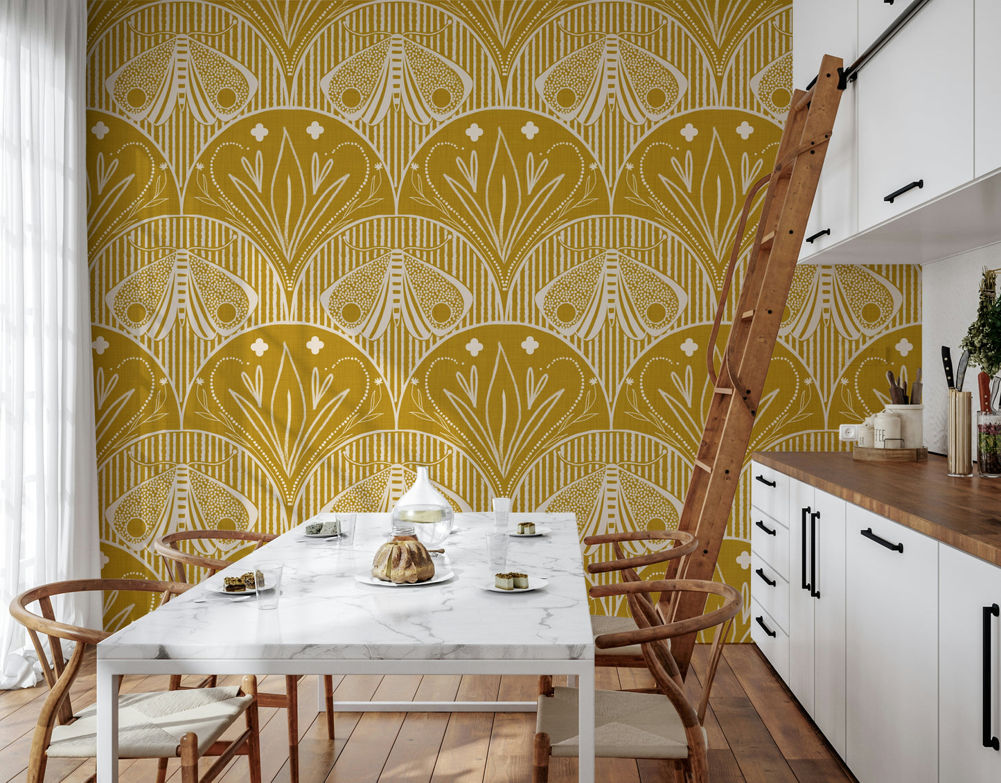 Wallpaper for walls creamy moth scallop flower motif