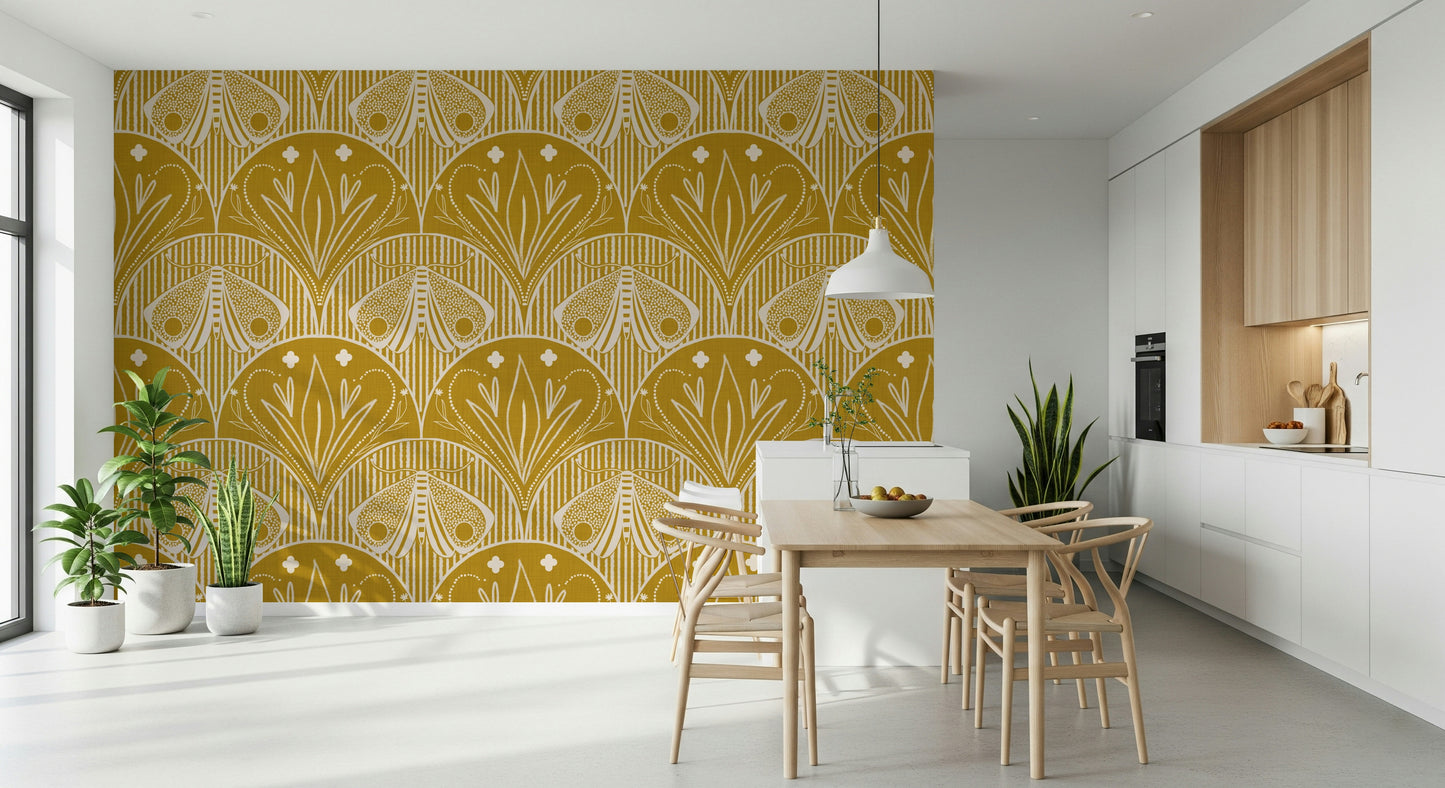 Scallop Butterfly Floral wall mural warm gold design
