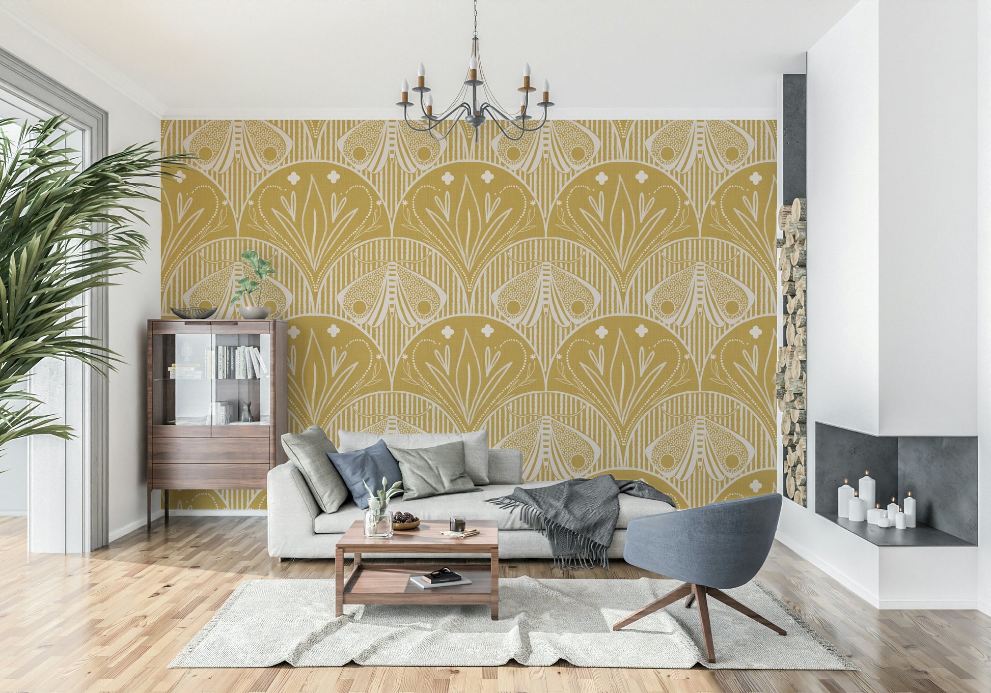 Scallop Butterfly Floral wallpaper elegant ochre style
