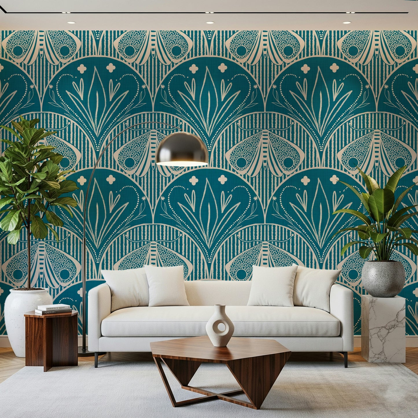 Arched insect art Scallop Butterfly Floral wallpaper for walls.