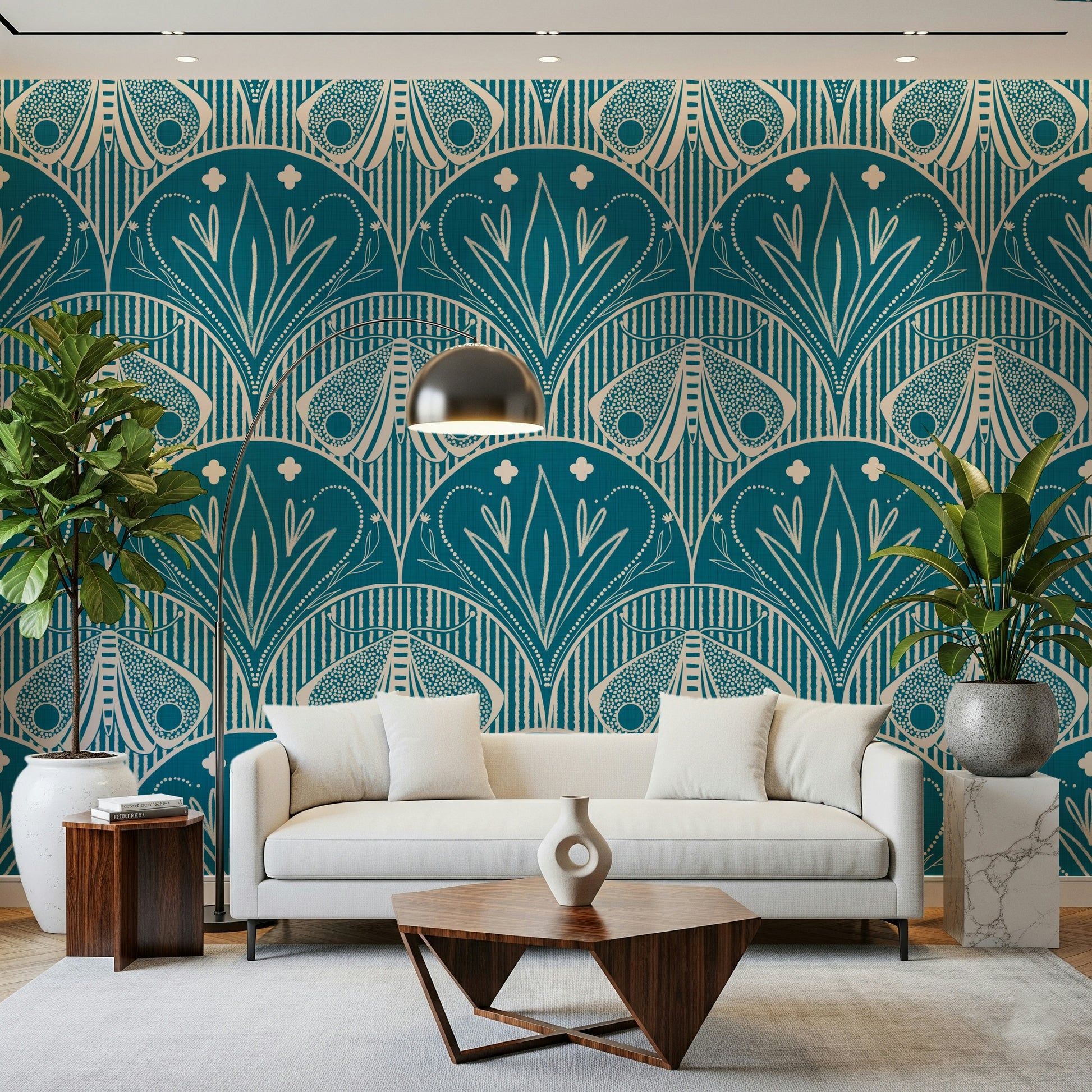 Arched insect art Scallop Butterfly Floral wallpaper for walls.