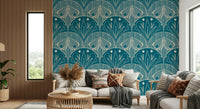 Teal blue and cream moth print Scallop Butterfly Floral wallpaper.