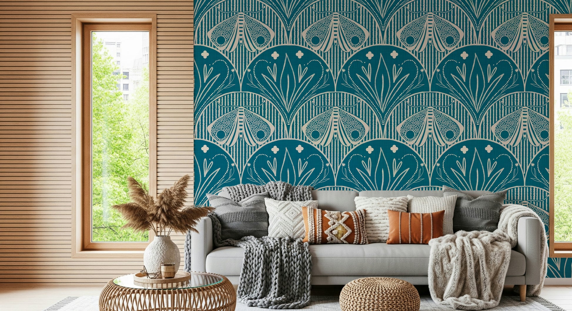 Floral motif Scallop Butterfly Floral deep teal wall design