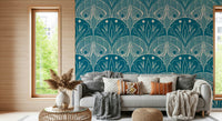 Floral motif Scallop Butterfly Floral deep teal wall design
