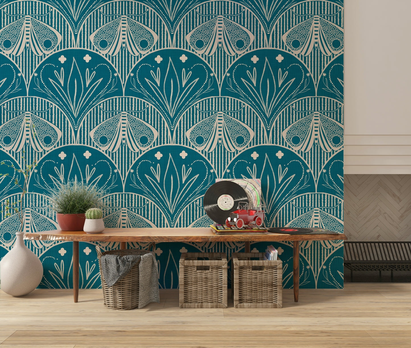 Boho Art Nouveau or Scallop Butterfly Floral teal wall mural moth