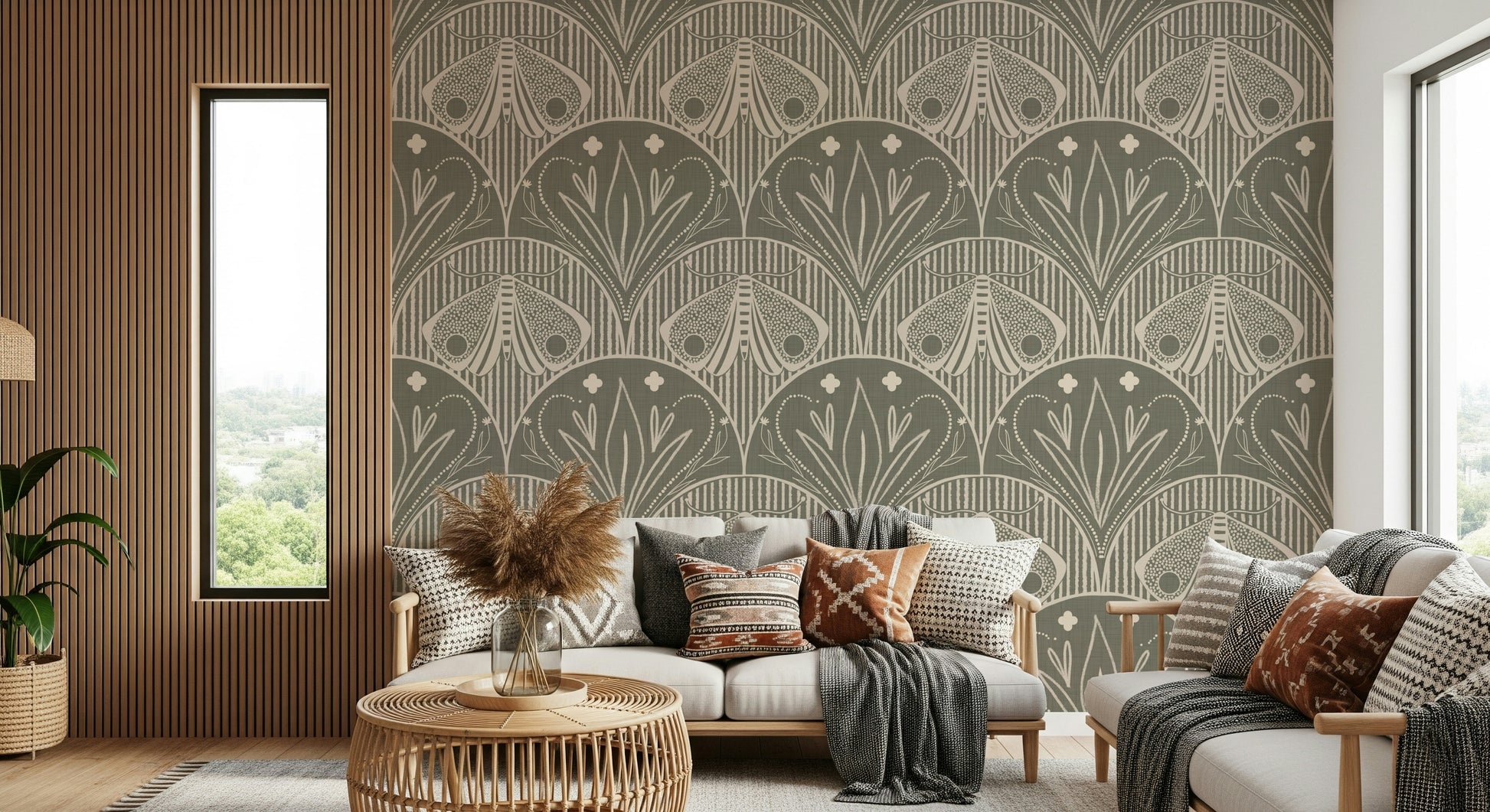 Earthy Scallop Butterfly Floral peel and stick, subtle warm tones wallpaper.
