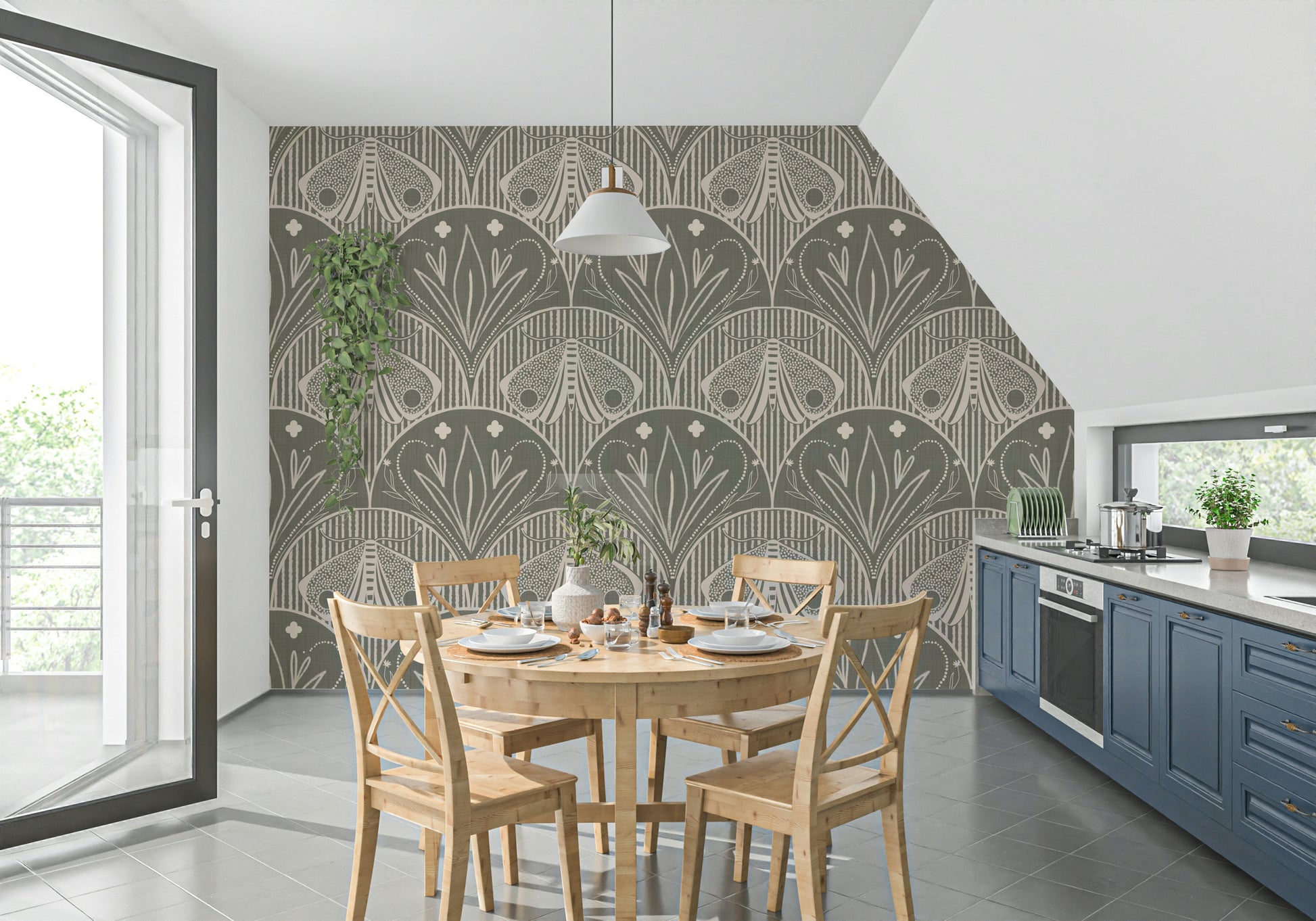 Taupe Grey Boho Art Nouveau wall covering, decorative art style.