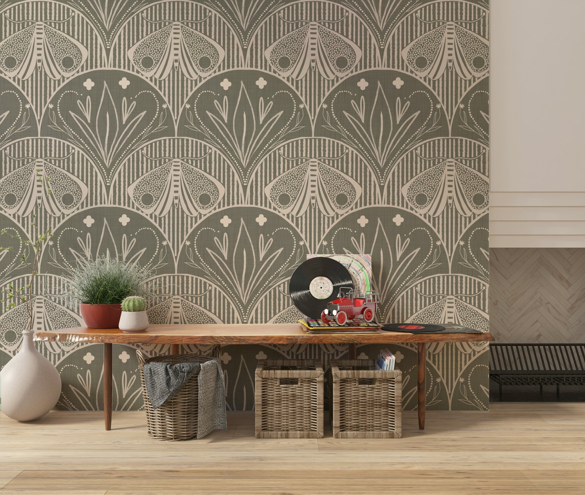 Elegant Boho Art Nouveau wallpaper for walls, sophisticated grey.