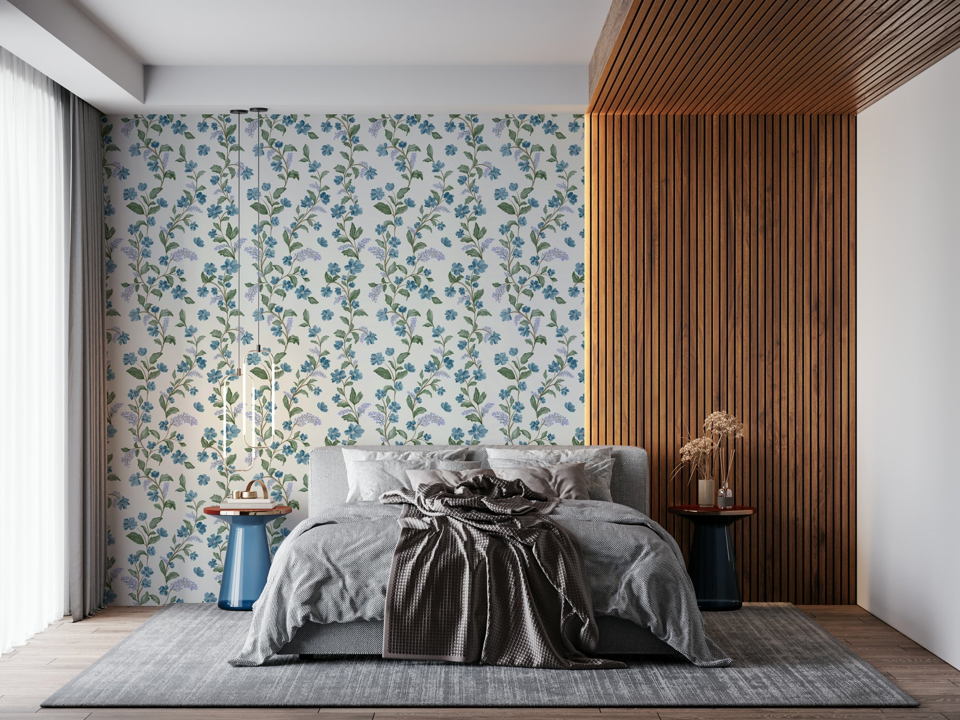 Stylish Bluebell Bloom removable wallpaper, painted botanical motif.