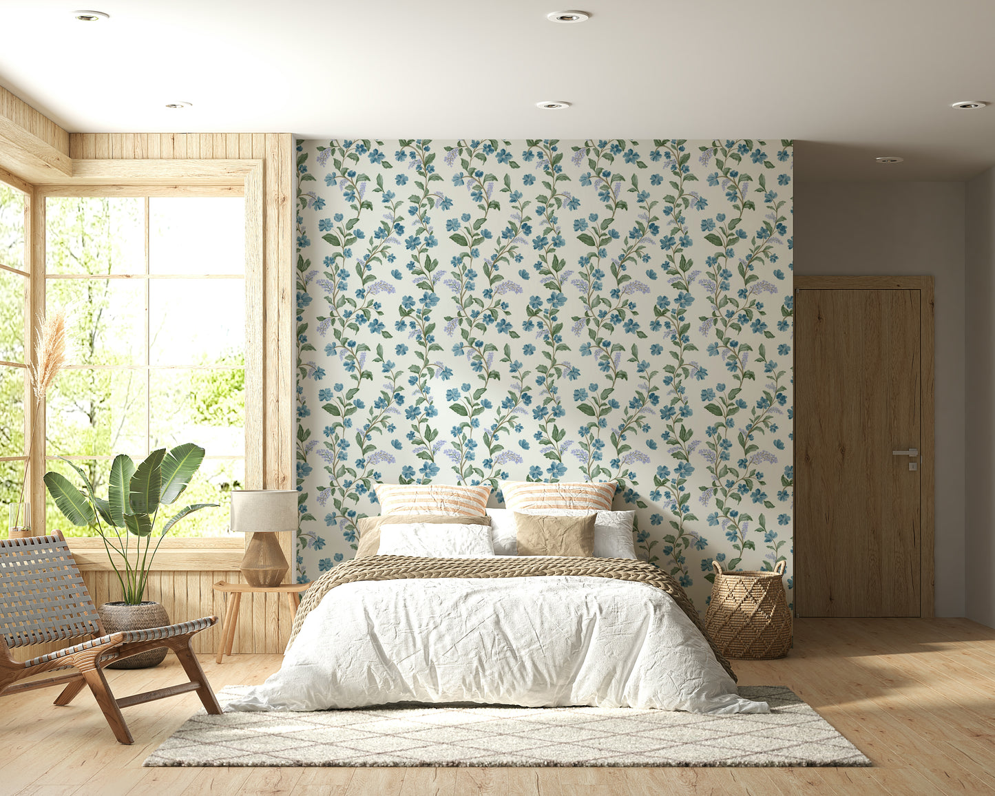 Aesthetic Bluebell Bloom wall covering, serene light background, garden style.