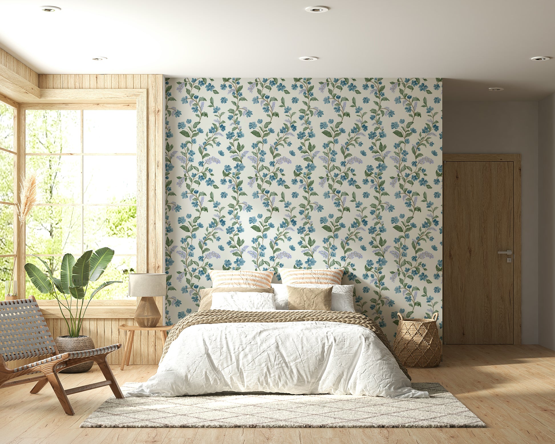 Aesthetic Bluebell Bloom wall covering, serene light background, garden style.