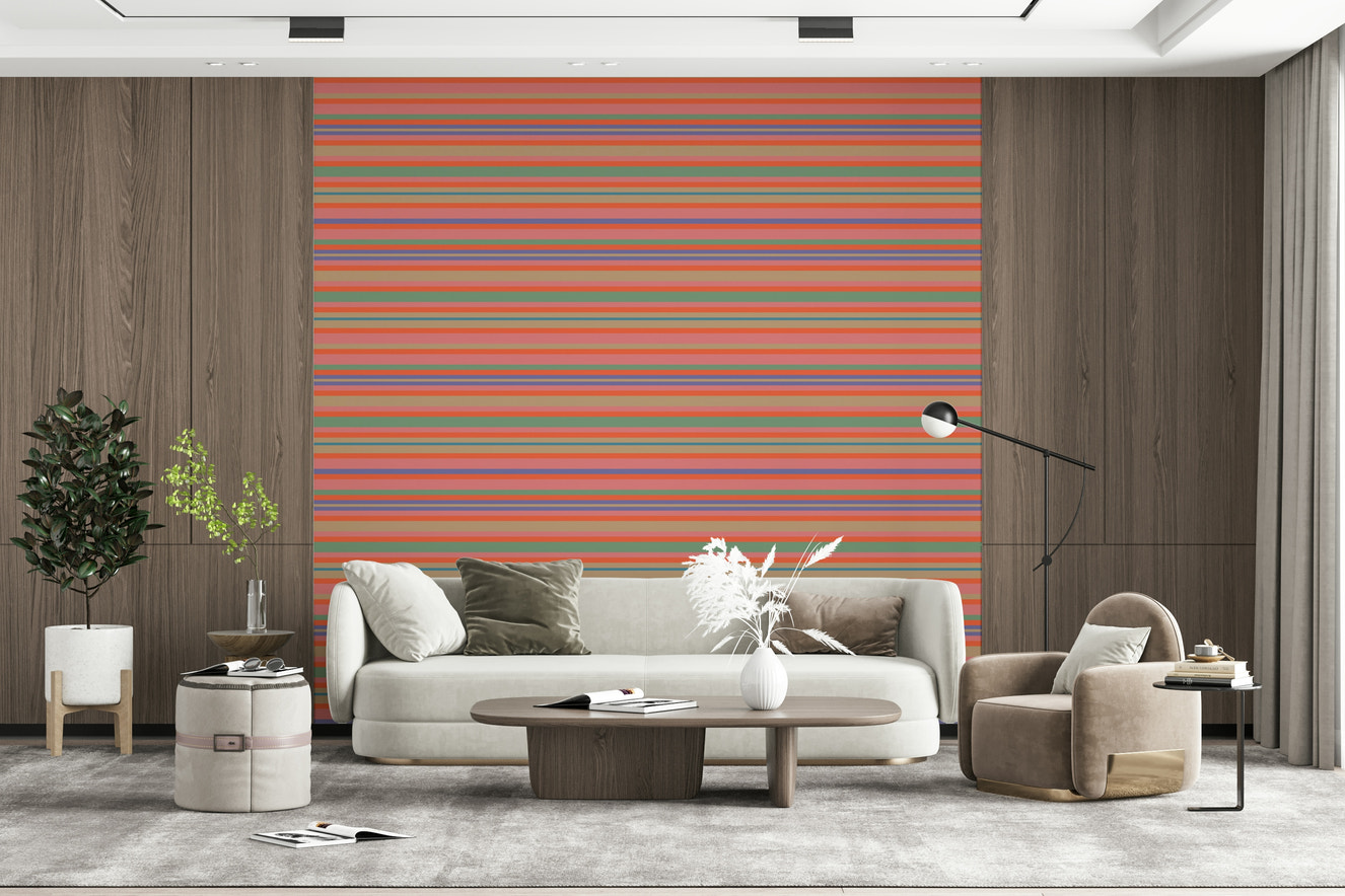 Playtime Stripes Coral Orange Pink Mint wallpaper retro pattern wall covering.