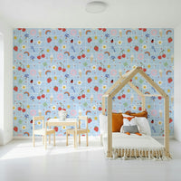 Sweet Lucky Charm mural, light blue checkered pattern, cherries, stars.