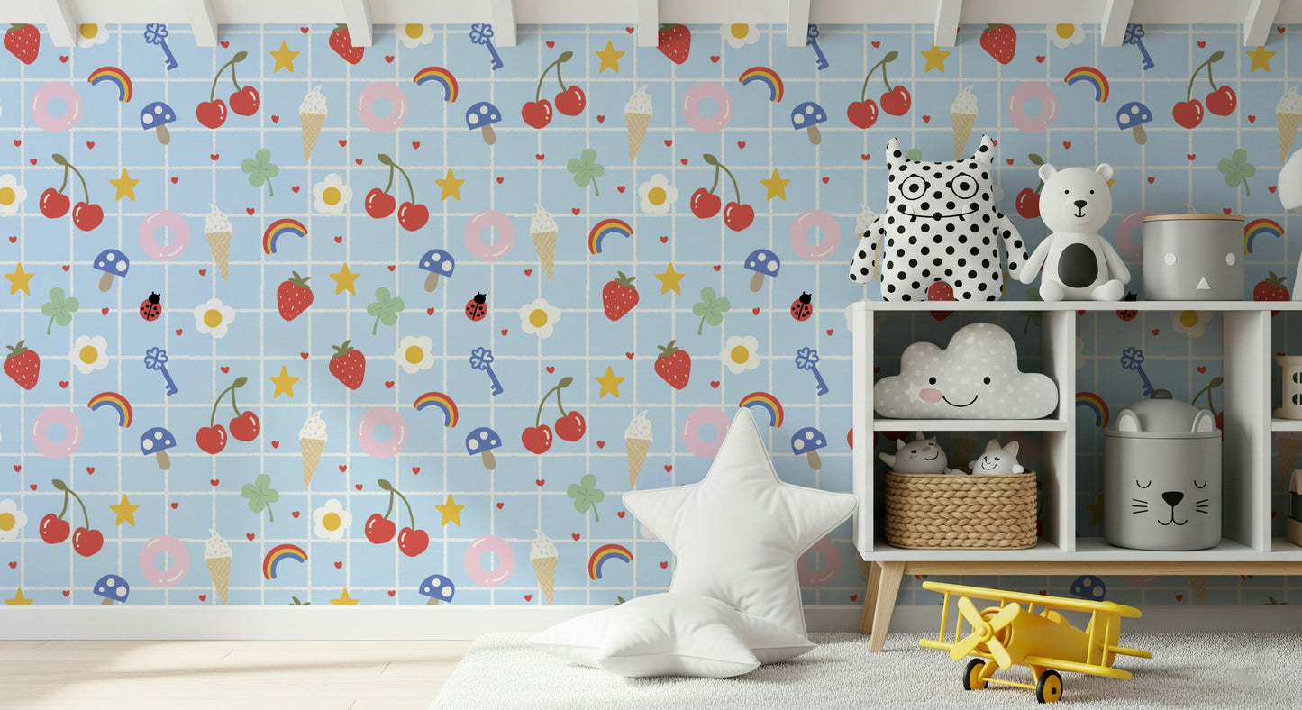 Vibrant Lucky Charm wall covering, lovely cherries and sunny daisies.