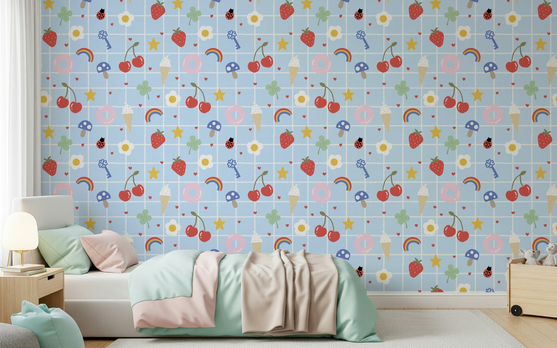 Decorative Lucky Charm wallpaper for walls, bright hearts and sweet keys.