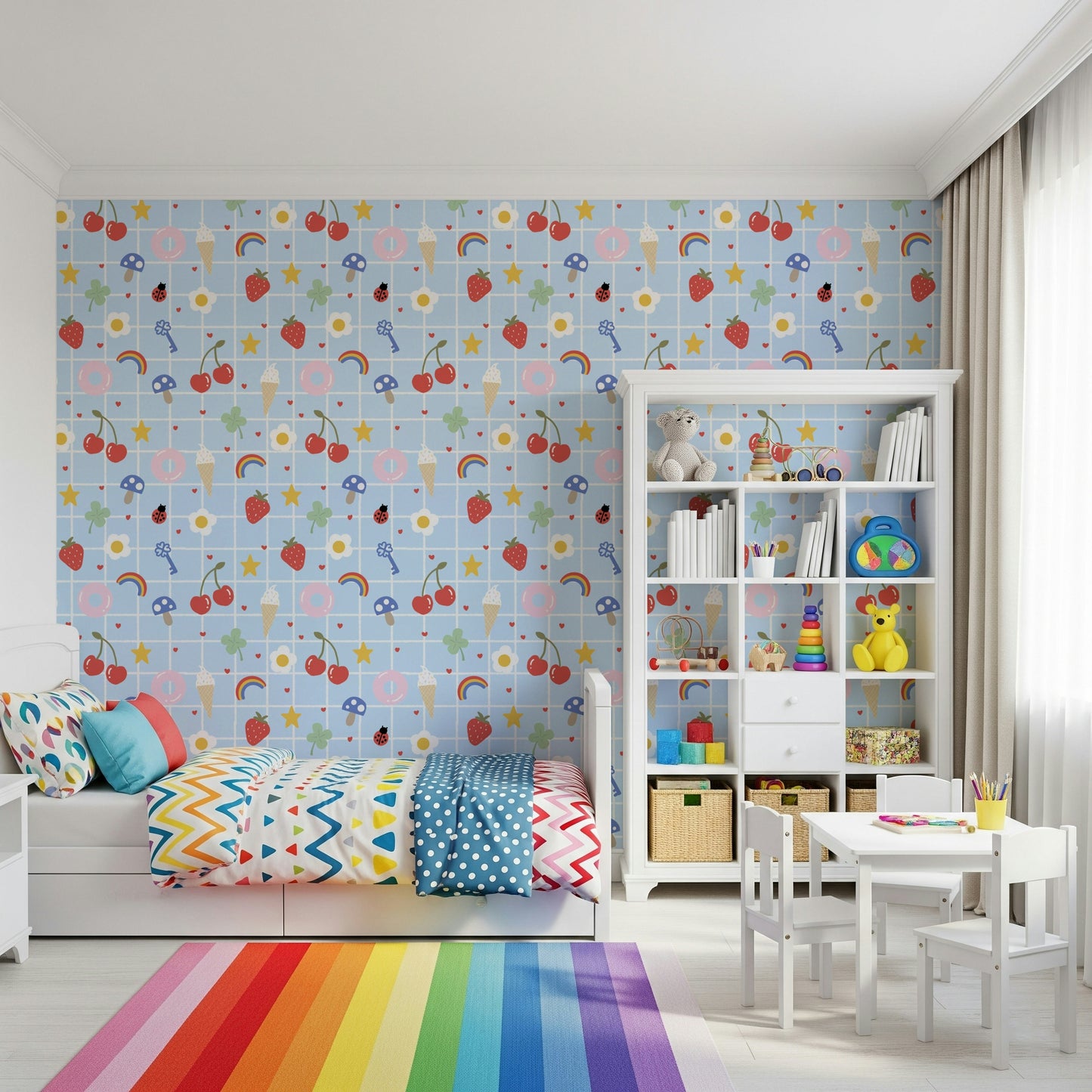 Whimsical Lucky Charm wall covering featuring ice cream and clover leaves.