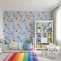 Whimsical Lucky Charm wall covering featuring ice cream and clover leaves.