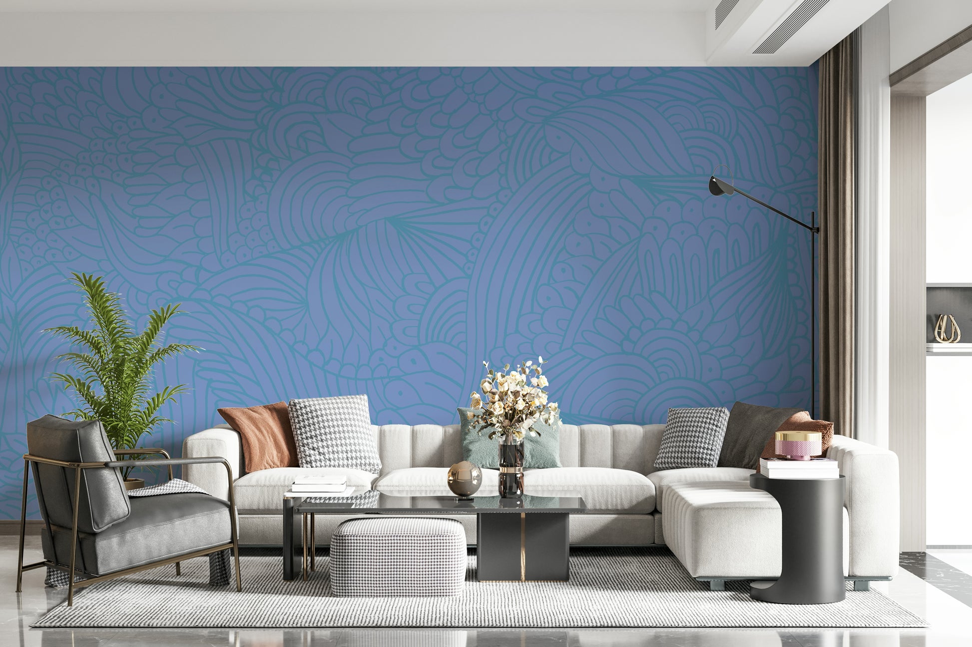 Backdrop Azure Zen Doodle peel and stick wallpaper soft blue hues.