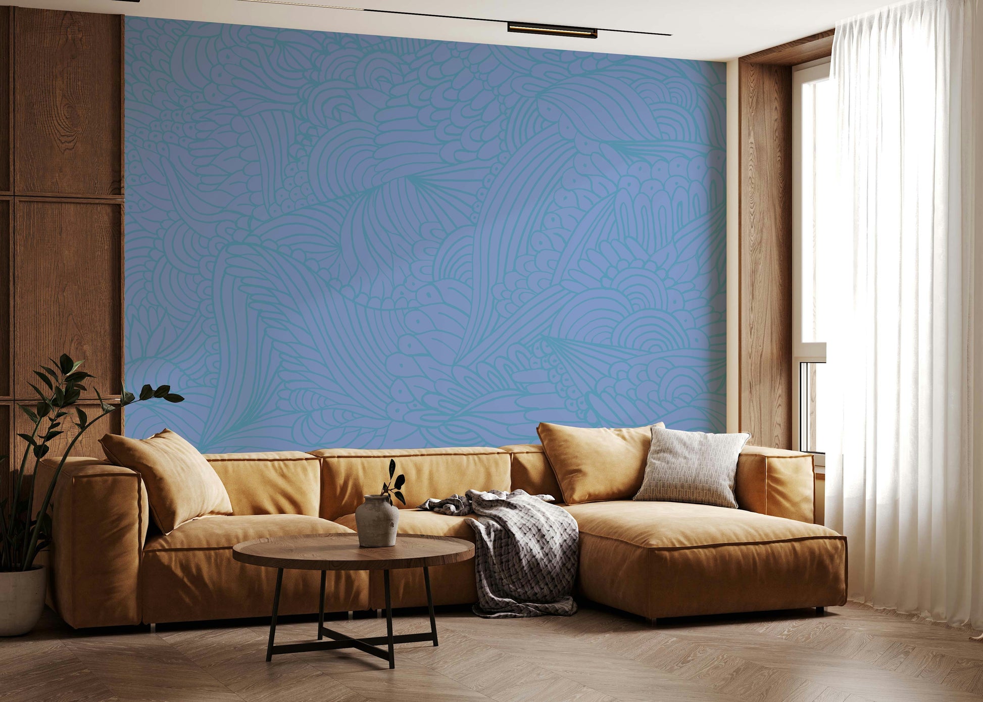 Wall covering Azure Zen Doodle mural subtle organic shapes.