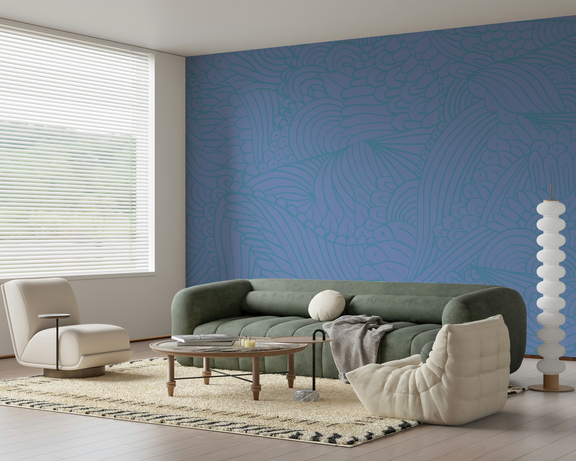 Abstract Azure Zen Doodle wallpaper for walls meditative style decor.