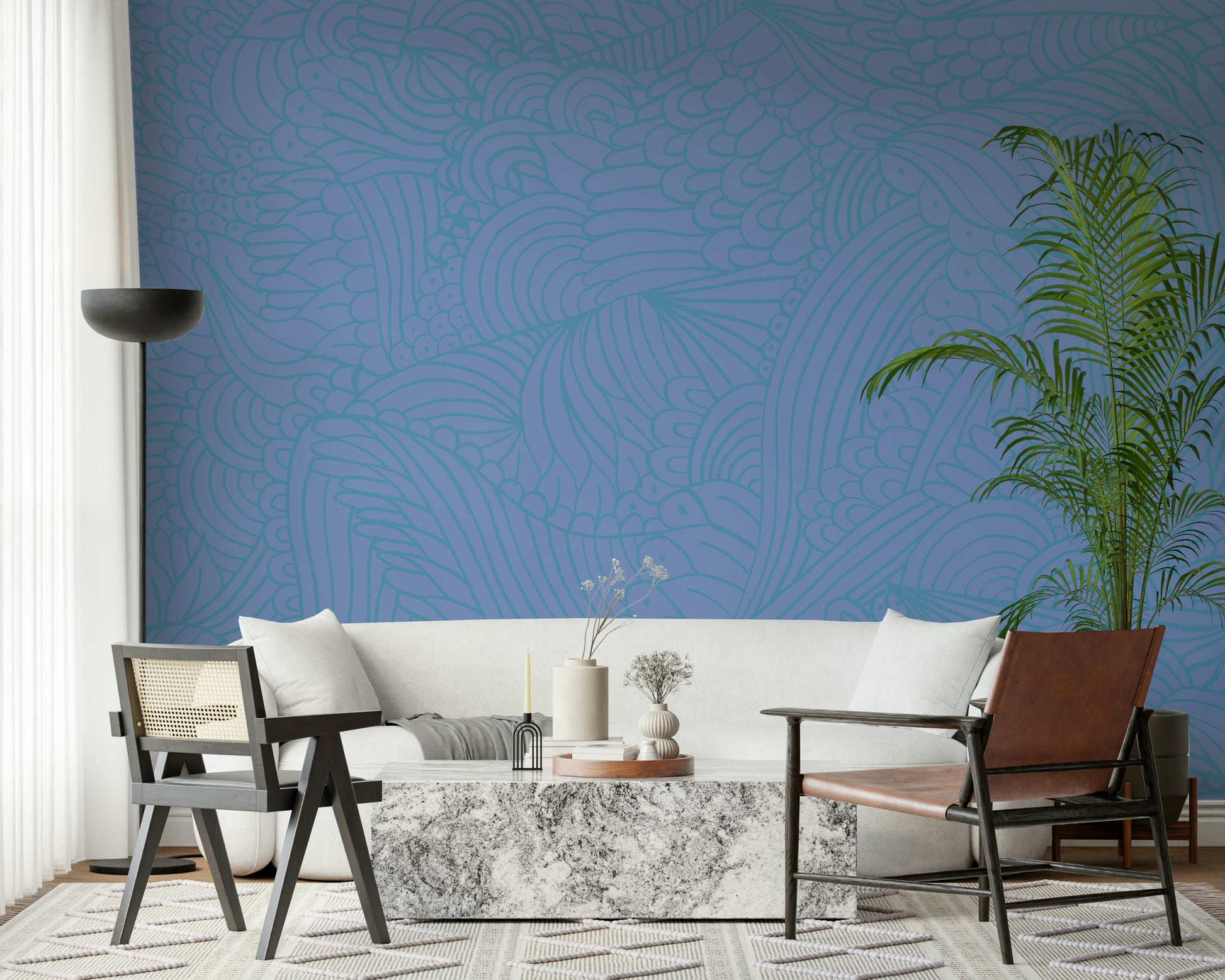 Peel and stick wallpaper Azure Zen Doodle artistic wave motif.