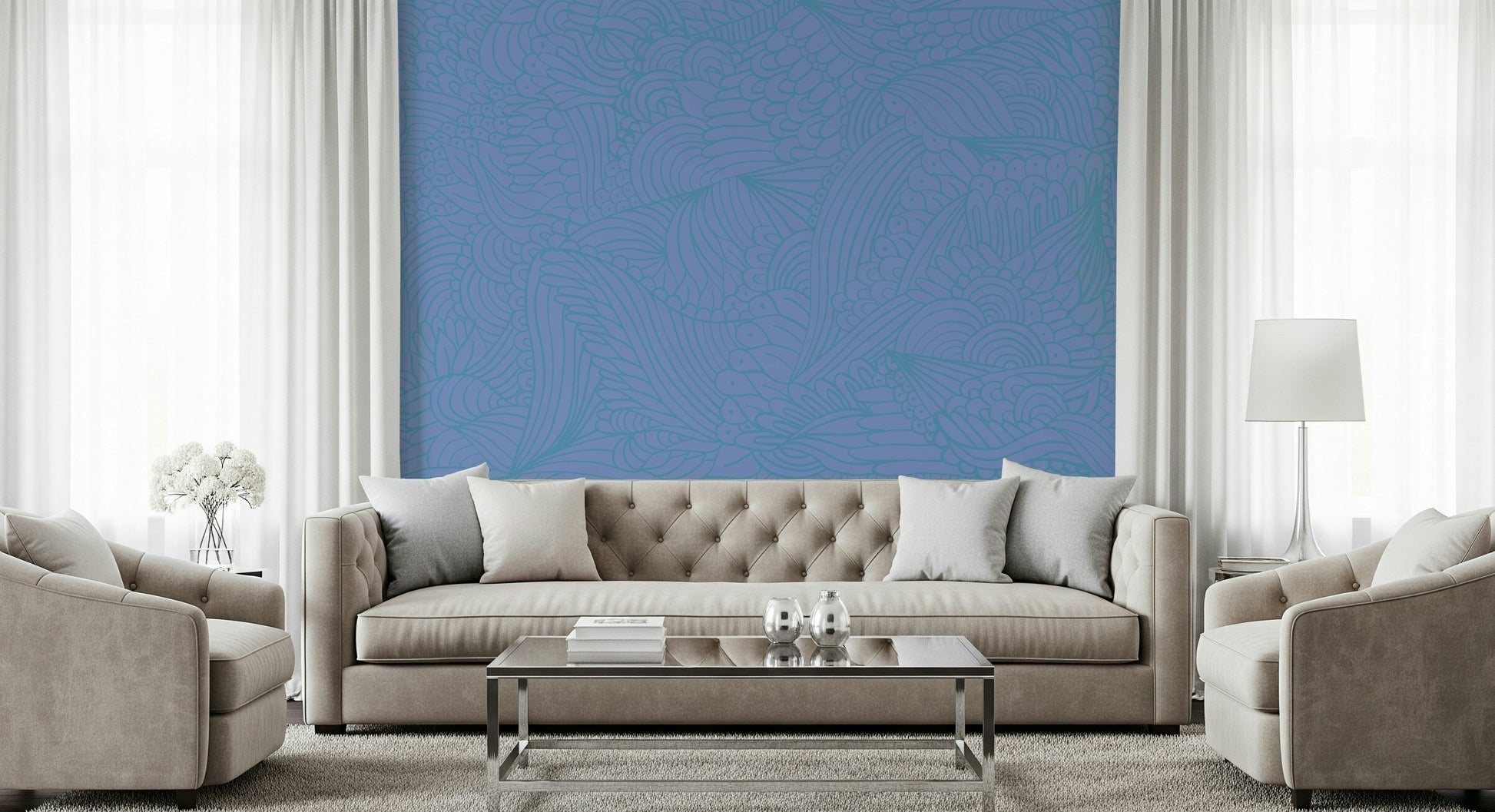 Calming blue Azure Zen Doodle wall mural intricate flowing pattern.