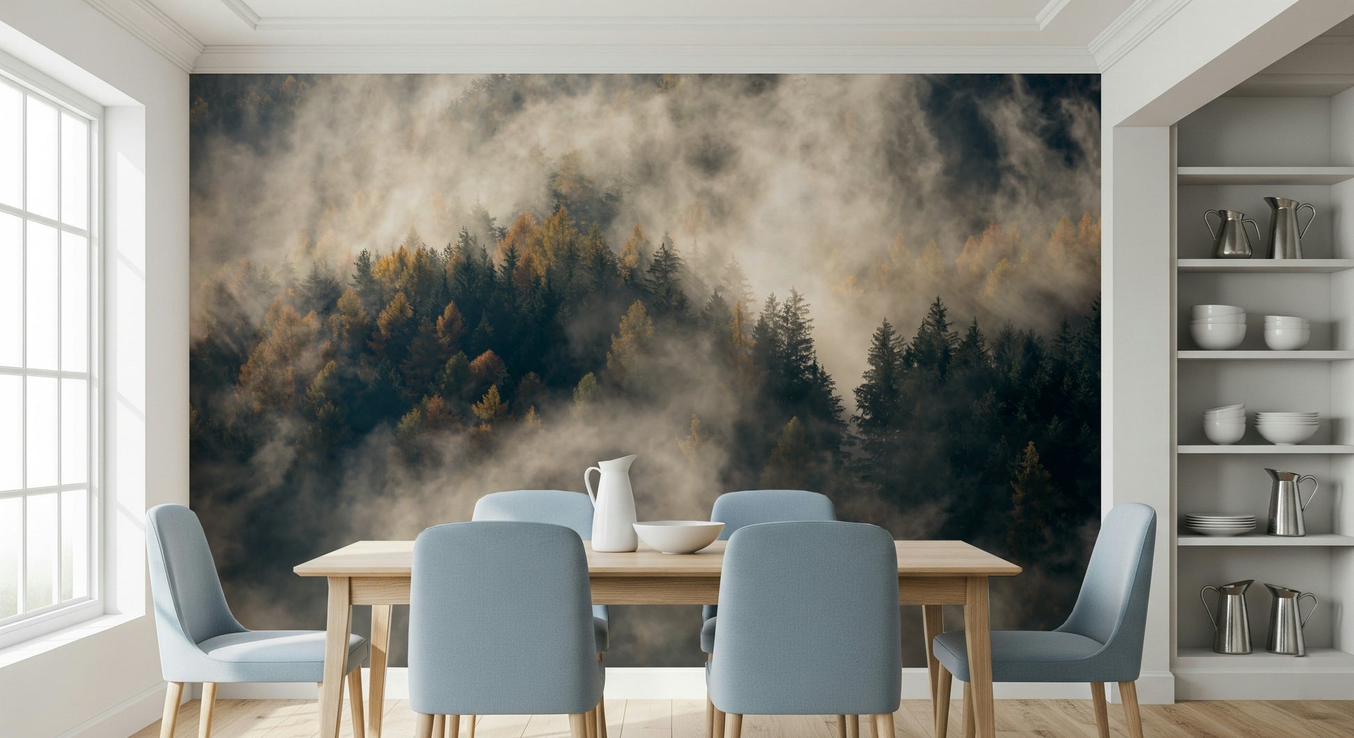 Ethereal fog rising through pines Misty Woods Serenity wallcovering