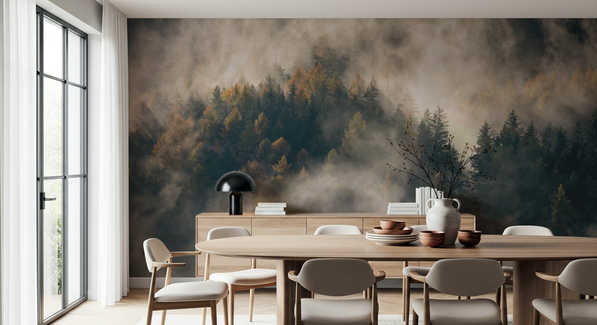 Sunrise haze over forest Misty Woods Serenity wall decoration
