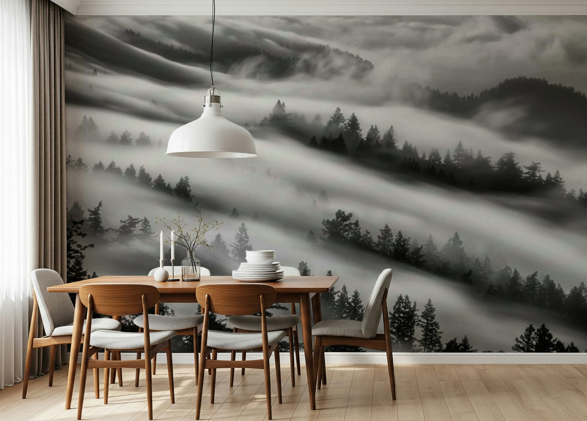 Monochrome Forest Veil wallpaper for walls misty pine landscape