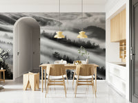 Forest Veil wall mural black and white mountain trees fog