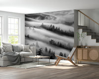 Black and white Forest Veil mural cloudy wilderness scene