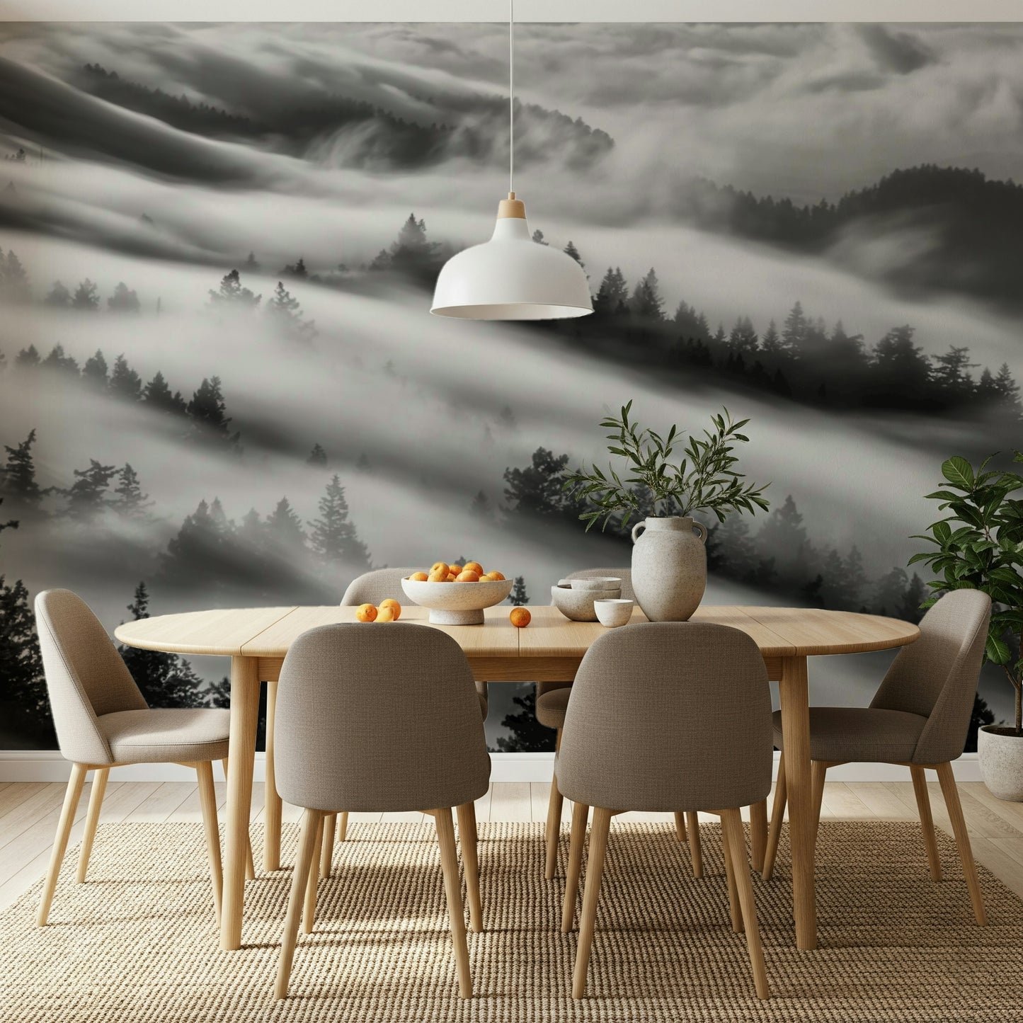 Artistic Forest Veil wall graphic monochrome mountain fog