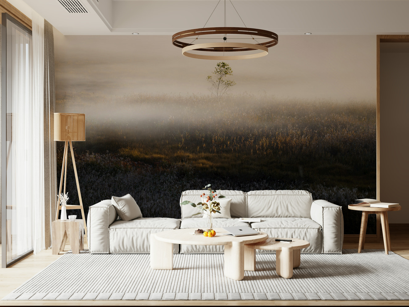 Misty Dawn Meadow wallpaper for walls soft morning light