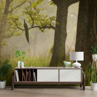 Enchanted lush Forest vibrant meadow majestic tree trunks wallpaper.
