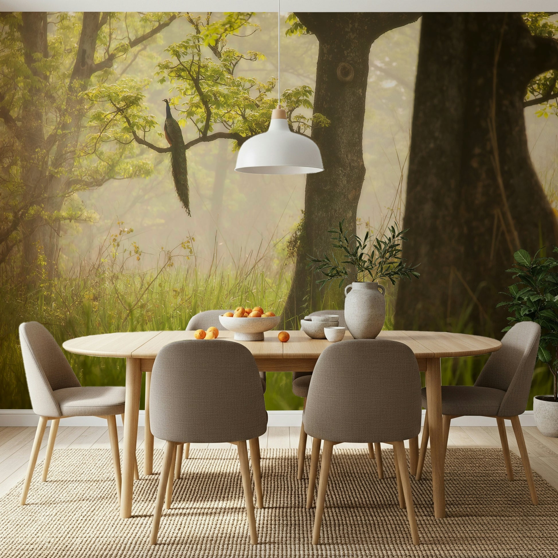 Wall graphic lush foliage grassy foreground foggy atmosphere.