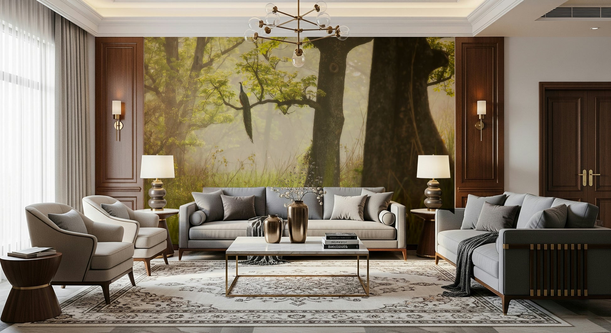 Misty jungle scene Enchanted lush Forest wall design.