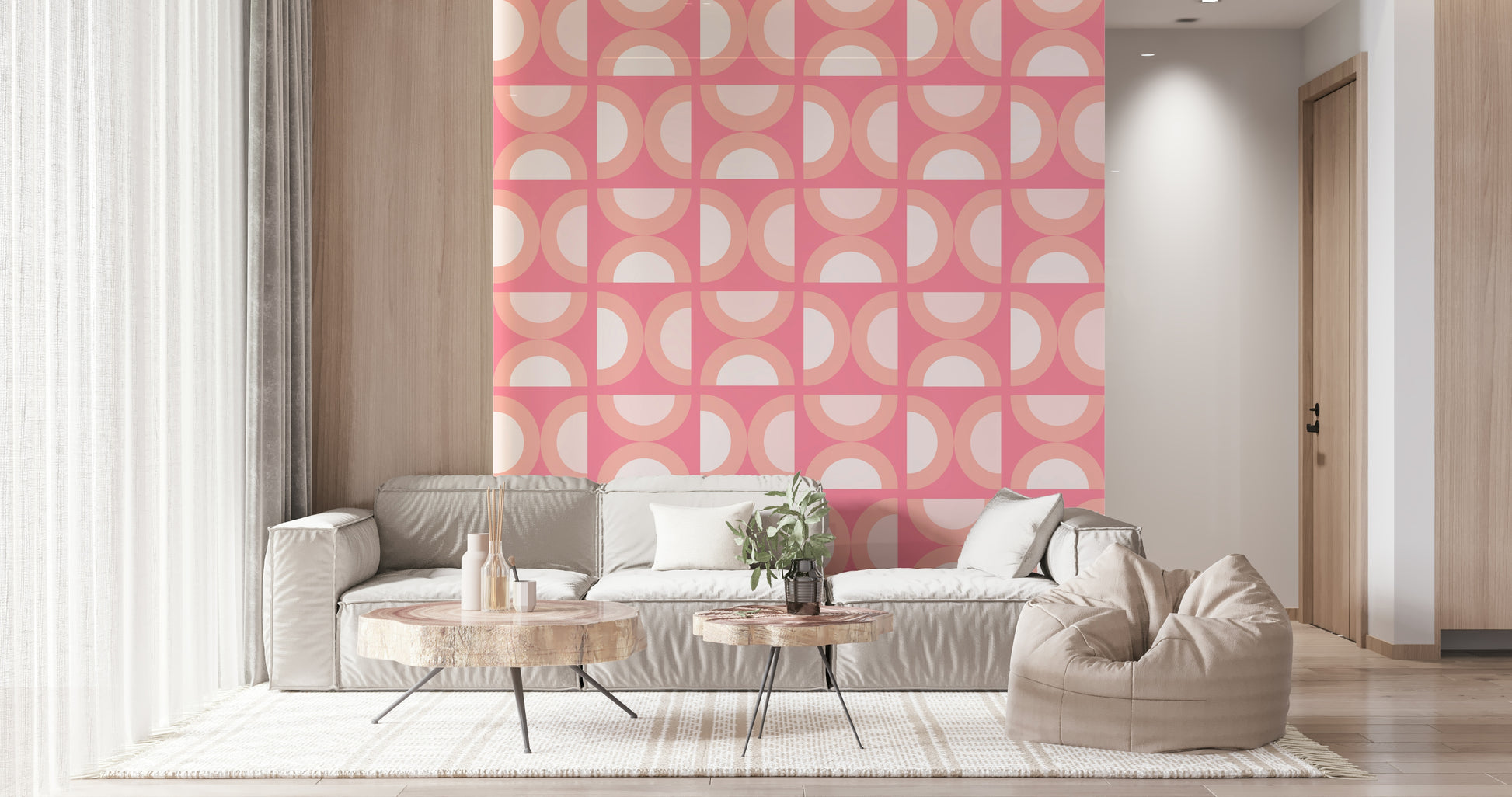 Artistic rounded shapes mural, glowing peach pink, Retro Peach Arcs.