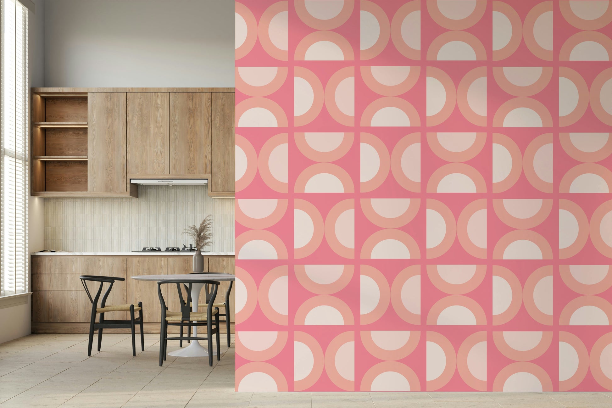 Quirky half-circle repeat motif for Retro Peach Arcs statement wall.
