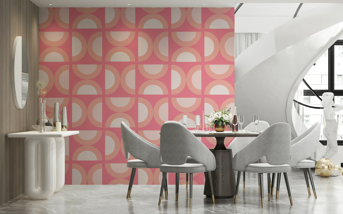 Groovy pink and peach circle pattern wall mural for funky decor.