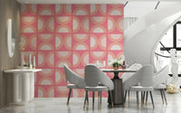 Groovy pink and peach circle pattern wall mural for funky decor.