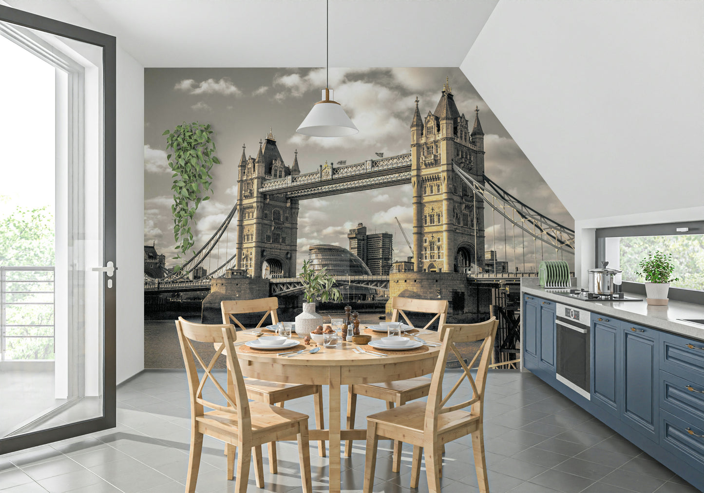 Golden hour London Bridge structure art print wallpaper mural.