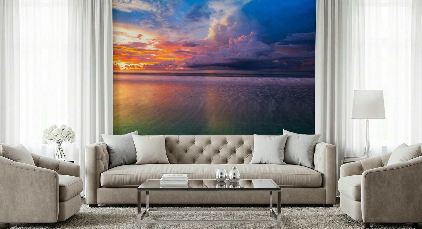 Ocean expanse wall mural, Malaysia Storm Clouds, glowing with fiery orange light.
