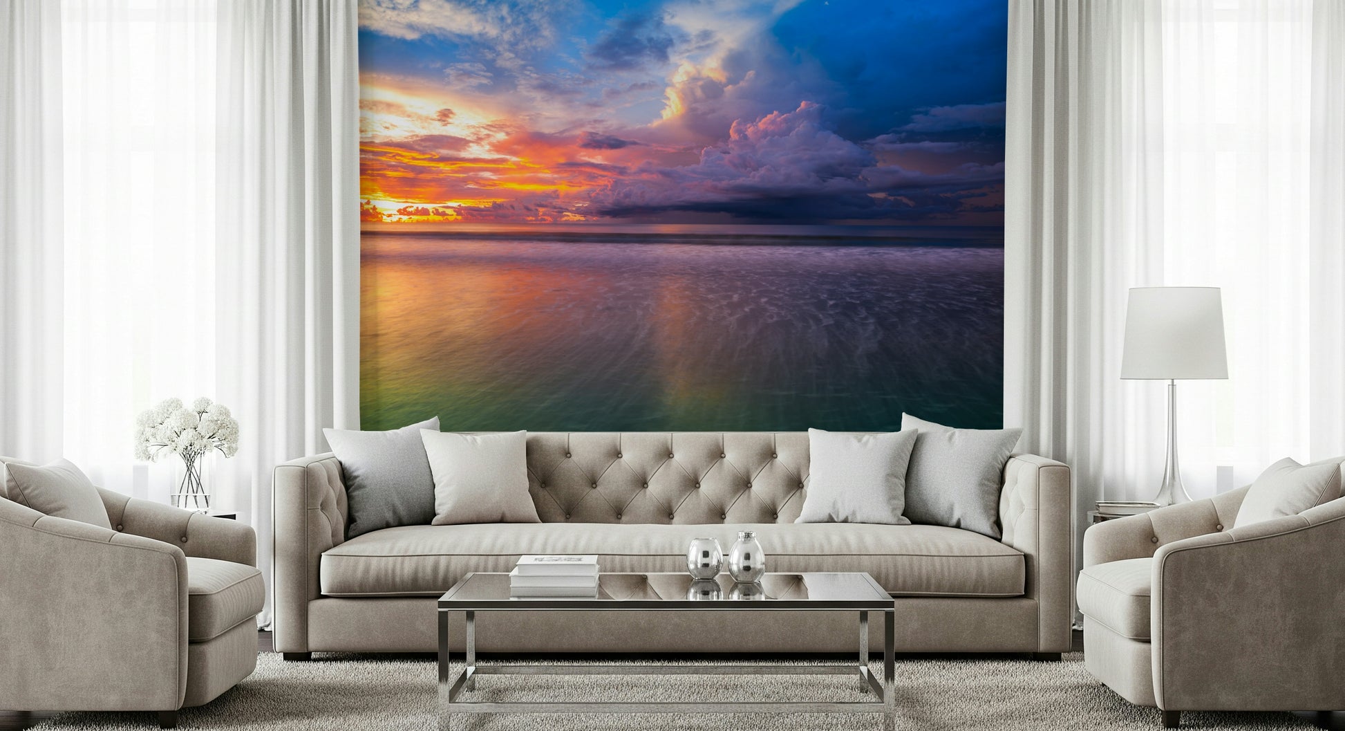 Ocean expanse wall mural, Malaysia Storm Clouds, glowing with fiery orange light.