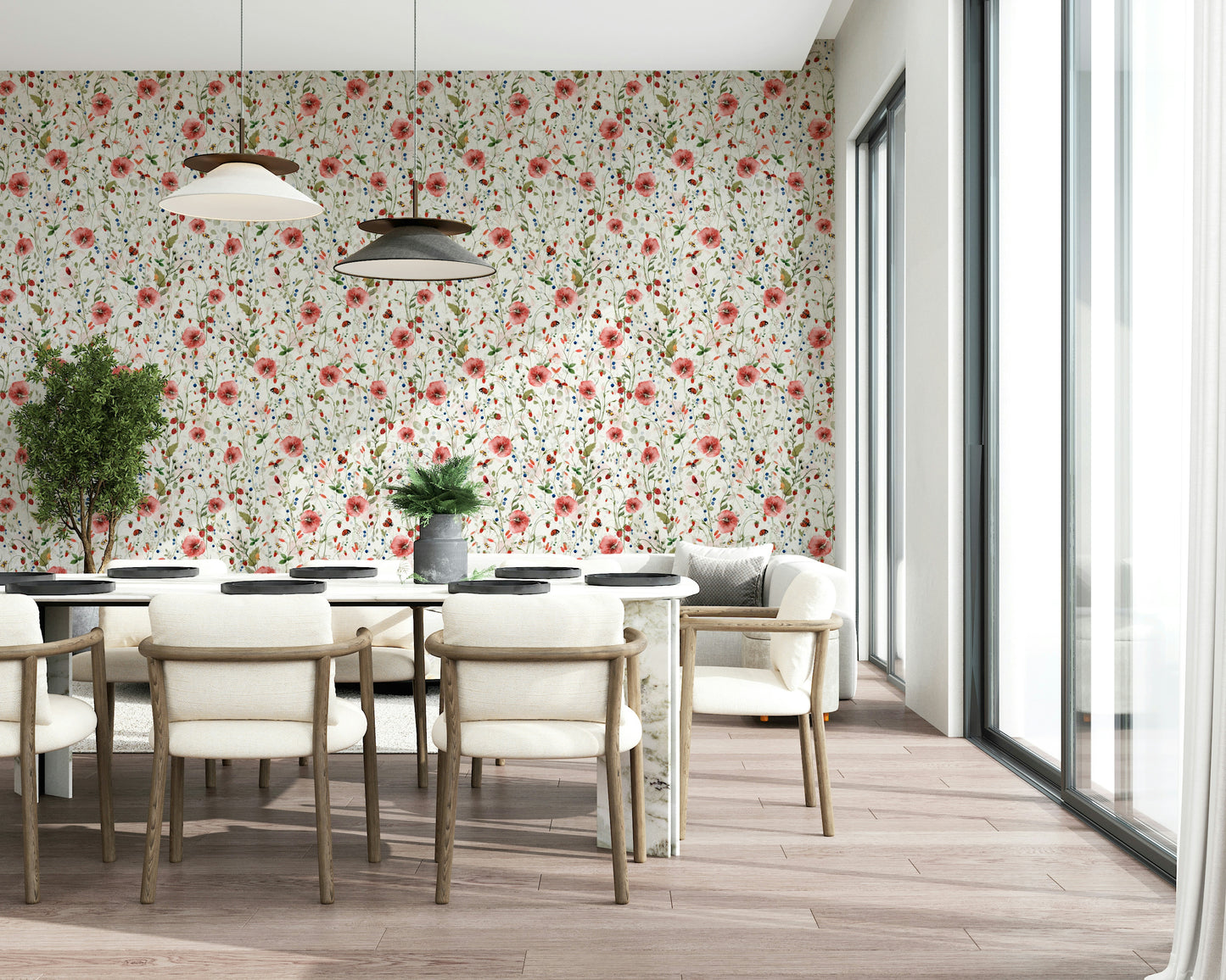 Watercolor Strawberry Flower Meadow Wallpaper⁠