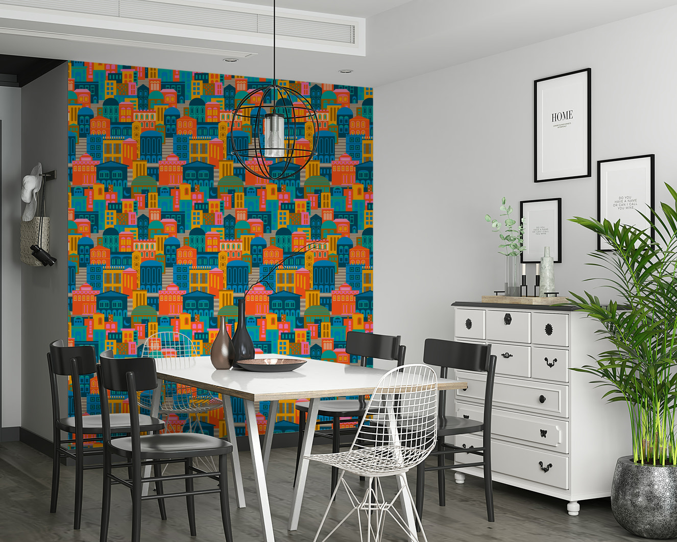 City Lights At Night Vintage Travel Bright Geometric Buildings Moon Rainbow Brights  Wallpaper⁠