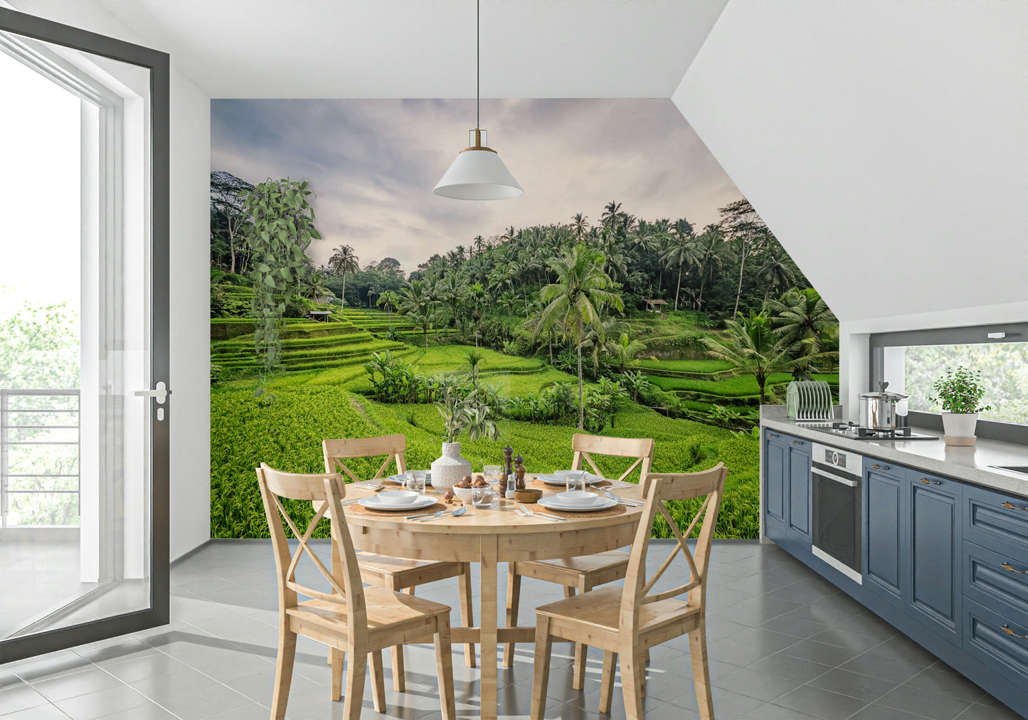 Tropical Balinese landscape mural peel and stick wallpaper.