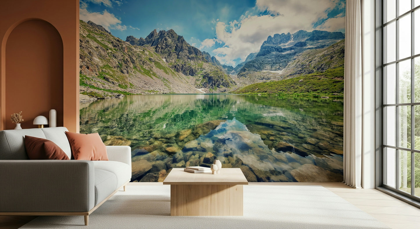 Reflective pond Alpine Lake Serenity custom wallpaper mural